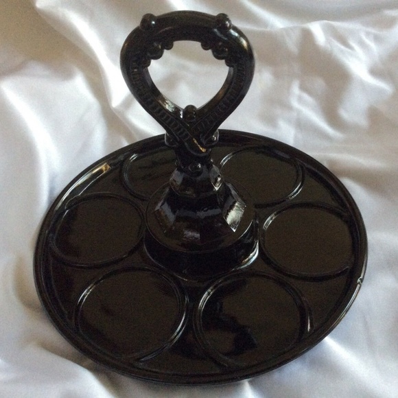 Vtg 1950s Black Glass Cosmetic or Jelly Spice Jars Center Handle Tray Cuddy - Picture 1 of 5